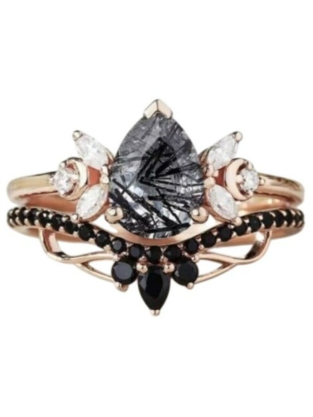 Pear Cut 2 CT black rutilated quartz 2 piece Bridal Wedding engagement ring set
